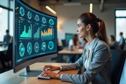 Femme professionnelle utilisant un logiciel tableur nouvelle génération sur un grand écran incurvé dans un bureau moderne