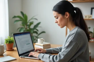 Femme utilisant un logiciel de traitement de texte gratuit sur un ordinateur portable dans un bureau à domicile