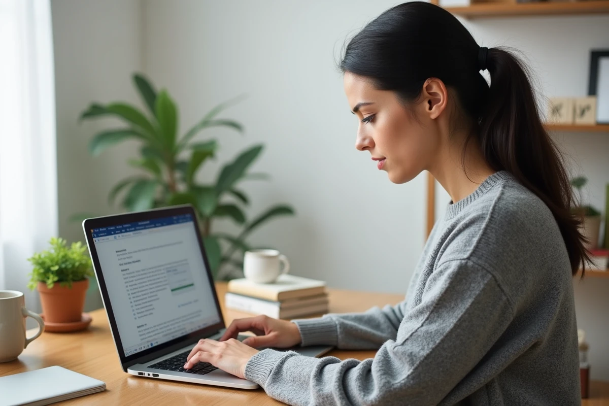 Femme utilisant un logiciel de traitement de texte gratuit sur un ordinateur portable dans un bureau à domicile