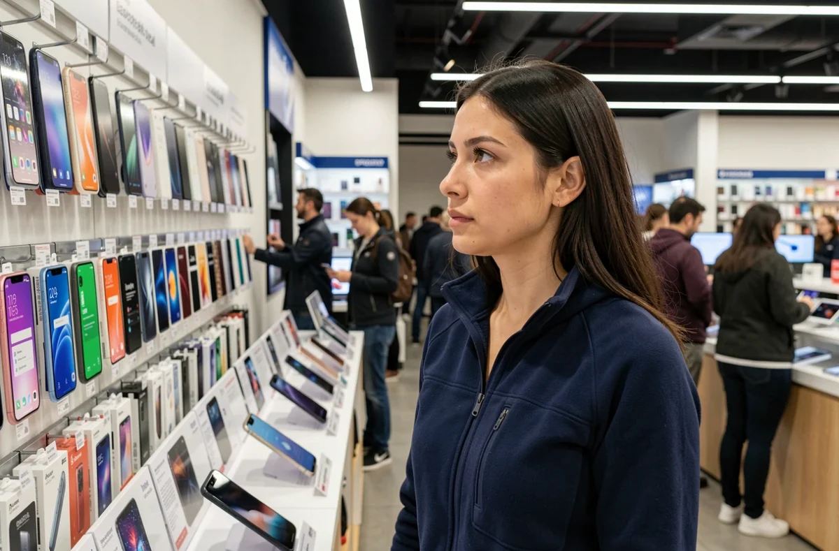 Femme dans un magasin d'électronique comparant des modèles de smartphones pour décider d'acheter un iPhone ou d'attendre en 2026