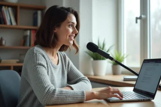 Femme utilisant un microphone USB pour convertir sa voix en texte sur un ordinateur portable à son bureau à domicile