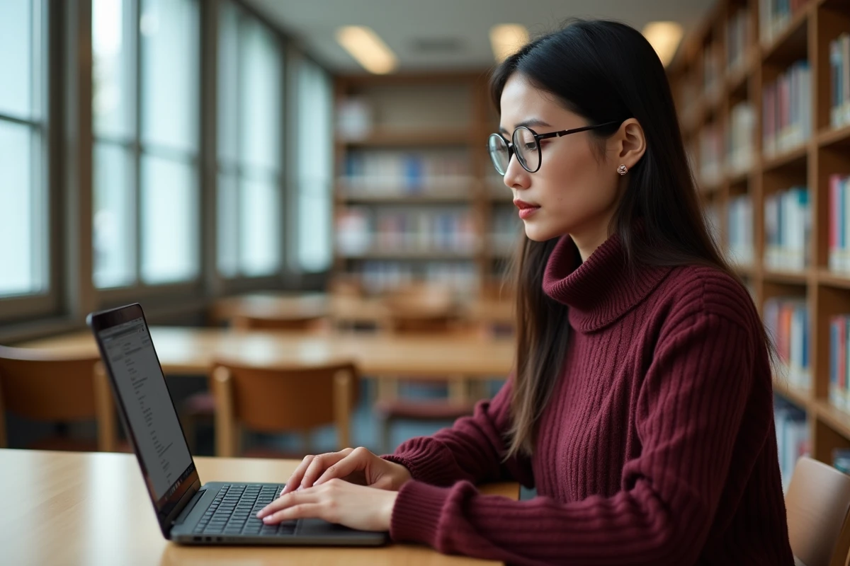 Femme utilisant un système d'exploitation open-source méconnu sur un ordinateur portable en bibliothèque
