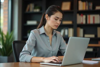 Femme inquiète regardant une pièce jointe PDF suspecte sur son ordinateur portable au bureau