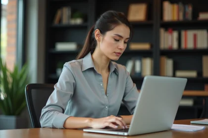 Femme inquiète regardant une pièce jointe PDF suspecte sur son ordinateur portable au bureau