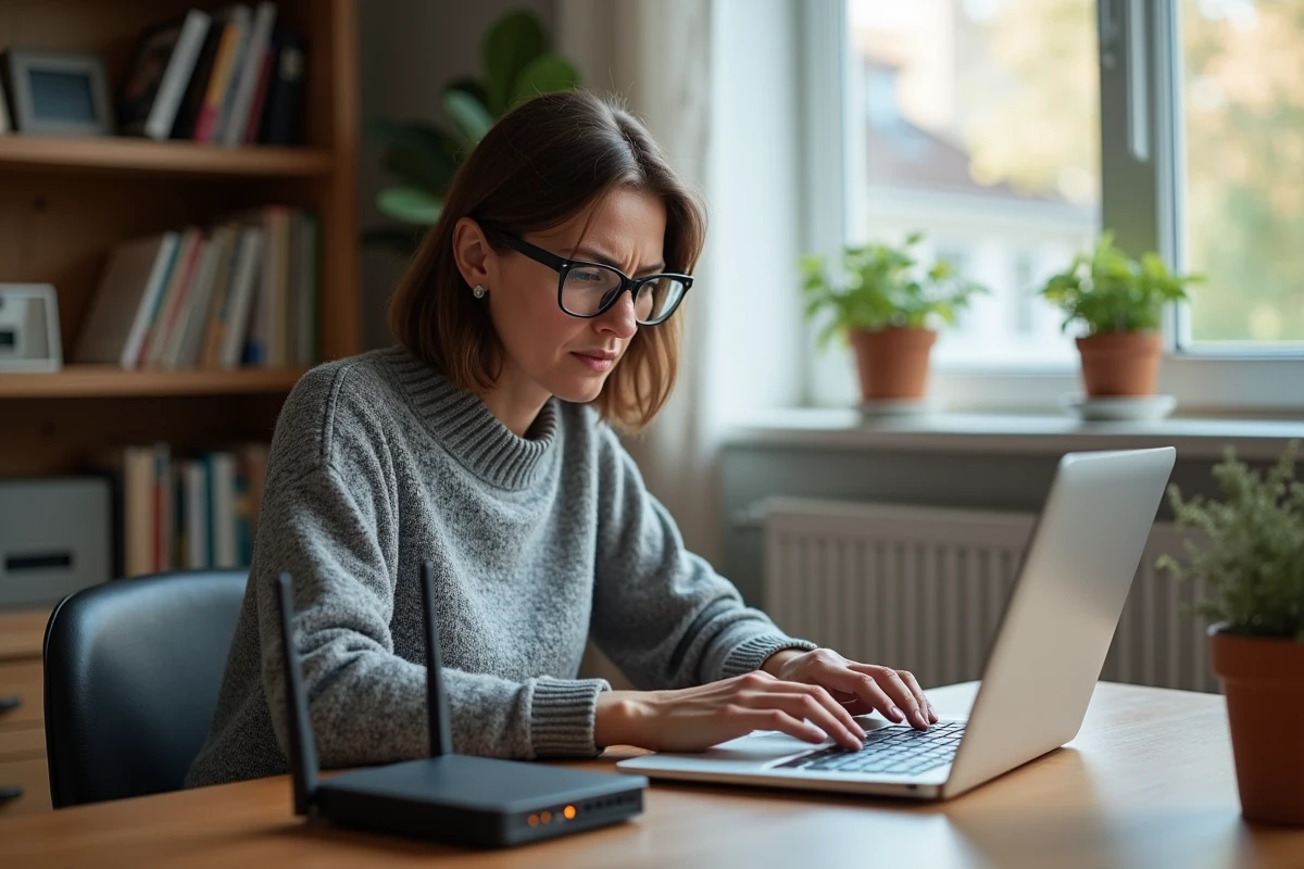 Femme frustrée devant son ordinateur portable avec un routeur fibre optique affichant un voyant orange, dans un bureau à domicile