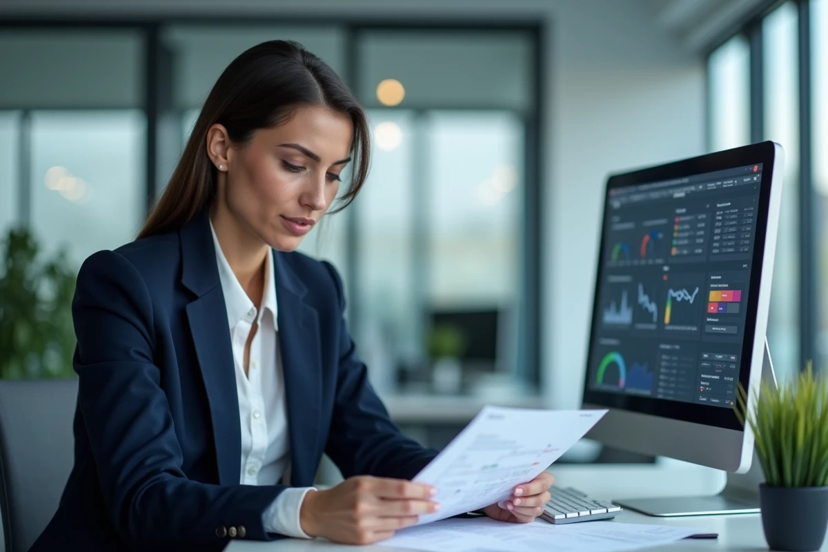 Femme professionnelle examinant des documents de conformité RGPD dans un bureau moderne