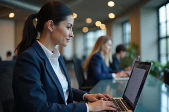 Femme professionnelle travaillant sur un ordinateur portable affichant une connexion HTTPS sécurisée dans un bureau moderne