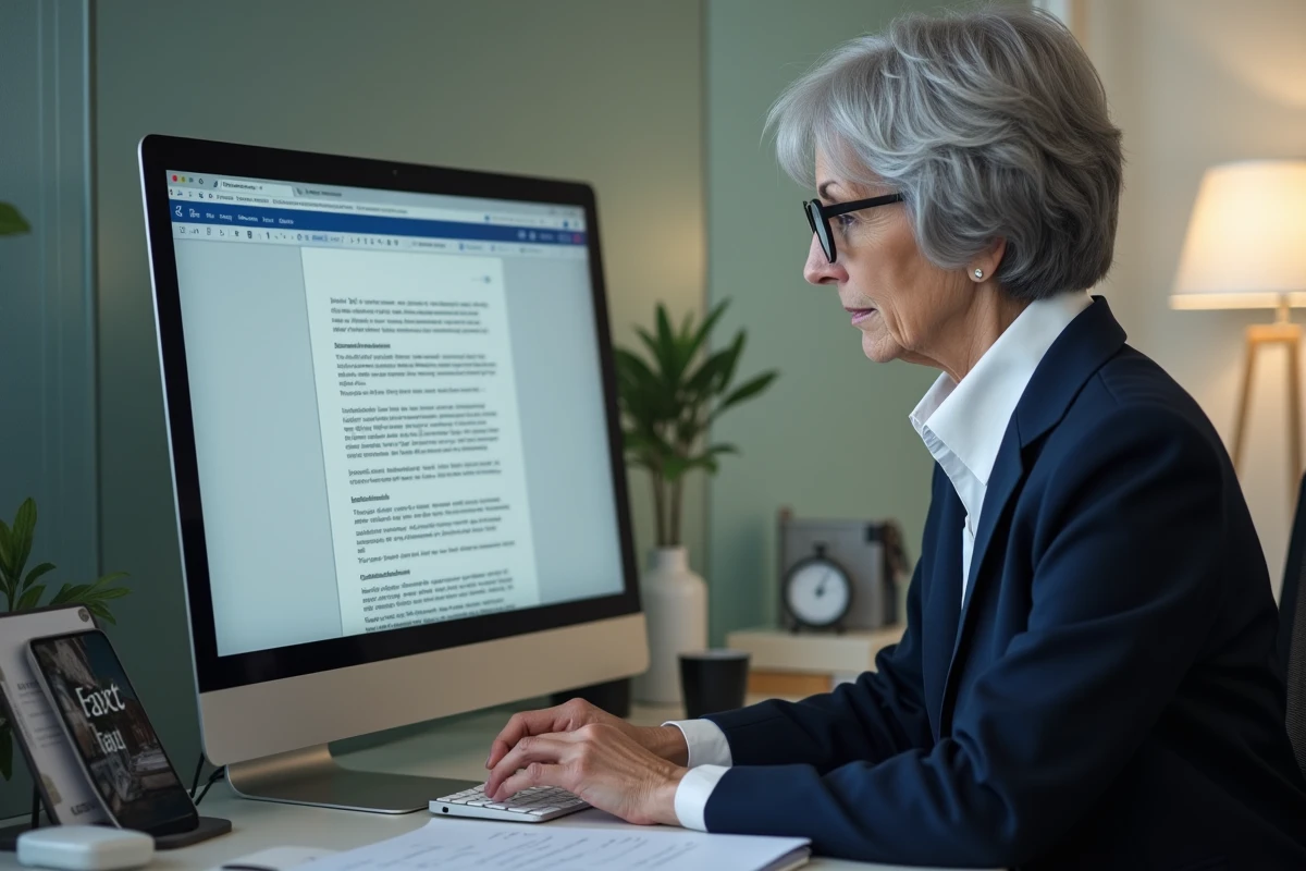 Femme professionnelle utilisant un logiciel de traitement de texte gratuit sur un ordinateur de bureau en entreprise