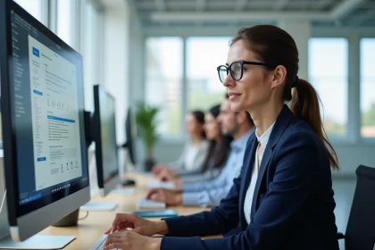 Femme professionnelle utilisant Microsoft Access sur un ordinateur de bureau dans un open space moderne