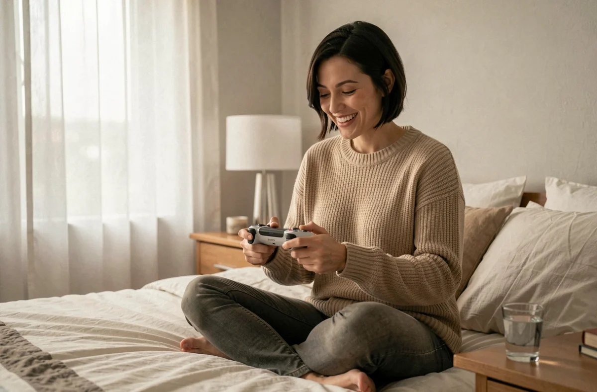 Femme jouant sereinement sur PS Portal dans sa chambre, illustrant le cloud gaming à domicile
