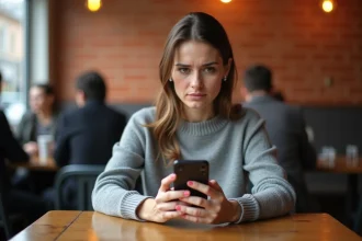Femme tenant son smartphone face cachée dans un café, illustrant la prudence avant de donner son numéro de portable