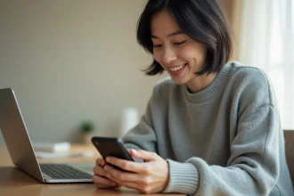 Femme consultant un site web responsive sur son smartphone, illustrant le concept de conception mobile first