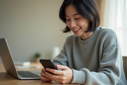 Femme consultant un site web responsive sur son smartphone, illustrant le concept de conception mobile first