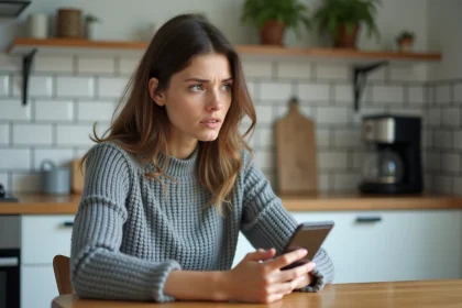 Femme regardant son smartphone avec méfiance dans une cuisine, illustrant la question de la surveillance publicitaire par les téléphones mobiles