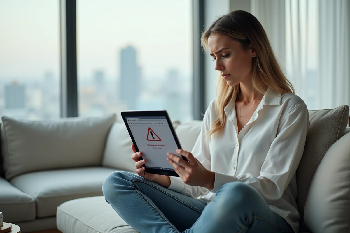 Femme consultant une tablette affichant un message d'erreur d'accès refusé sur un site de streaming