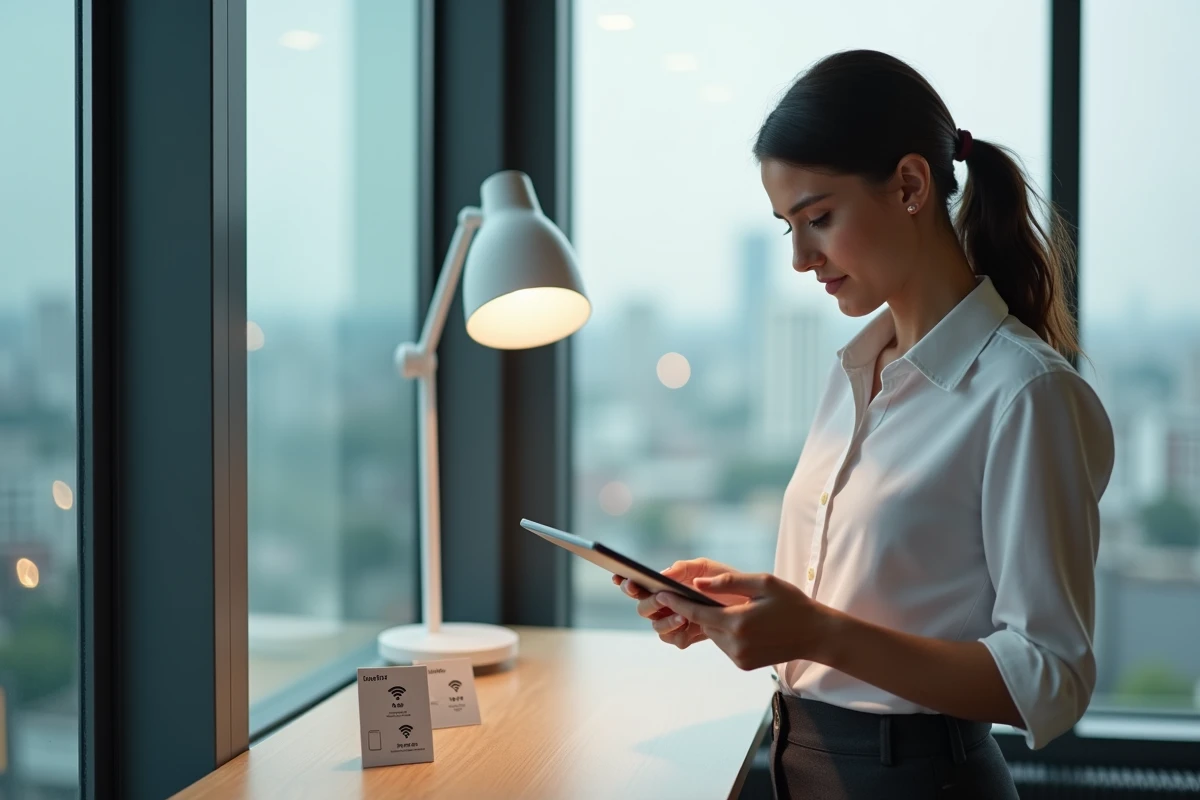 Femme utilisant une tablette sous un point d'accès LiFi dans un espace de coworking moderne