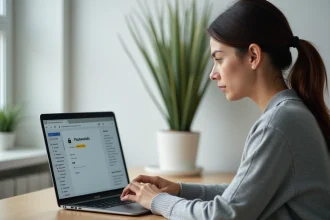 Femme consultant la liste des mots de passe dans le trousseau macOS sur un MacBook Pro