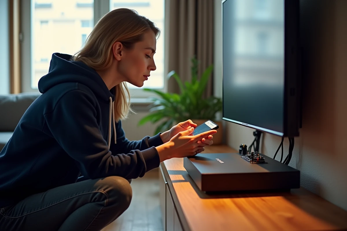 Femme vérifiant les câbles du décodeur Orange derrière la télévision pour résoudre une erreur L11-06