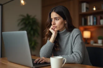 Femme analysant un site de vente en ligne sur son ordinateur portable pour vérifier sa fiabilité