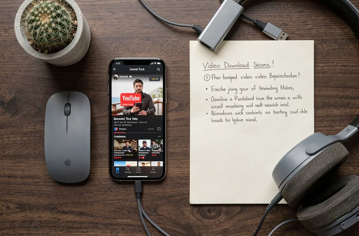Vue aérienne d'un bureau avec smartphone affichant YouTube 4K et accessoires pour télécharger des vidéos en MP4