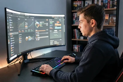 Jeune gamer masculin concentré sur un navigateur web ouvert sur un écran ultrawide dans un setup gaming moderne