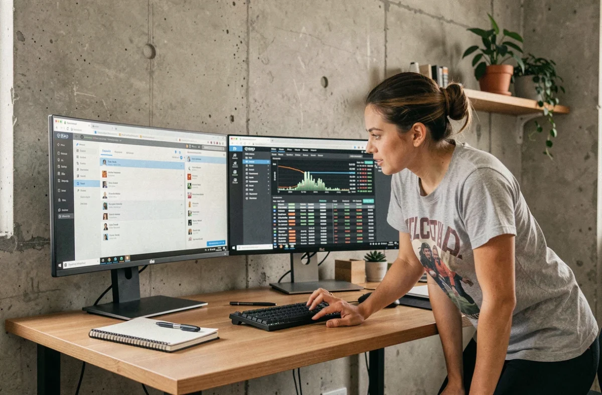Femme gameuse comparant des navigateurs web sur deux moniteurs dans un bureau minimaliste moderne