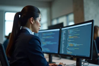 Développeuse analysant un schéma de base de données relationnelle sur deux écrans dans un bureau tech moderne