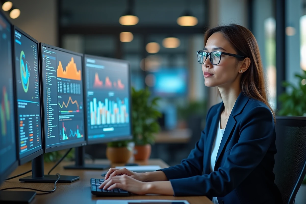 Femme professionnelle analysant des tableaux de données sur plusieurs écrans dans un bureau moderne