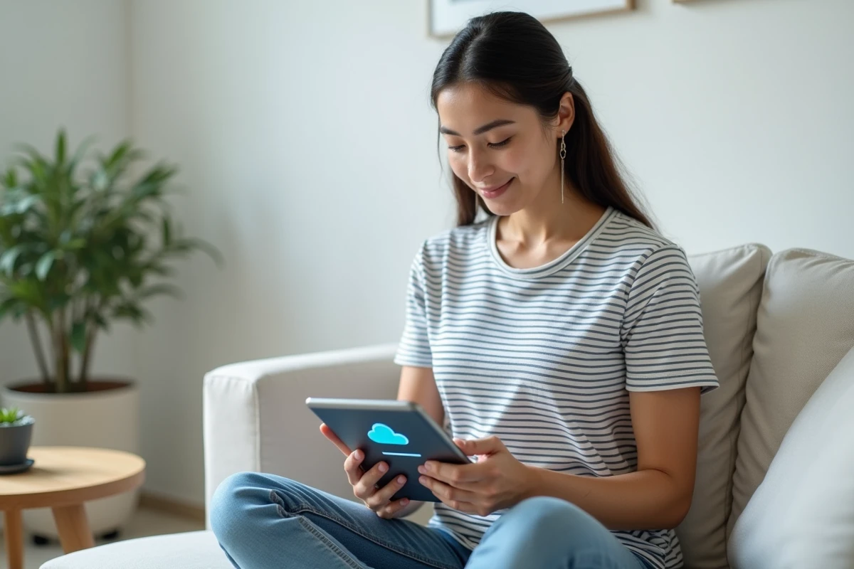 Jeune femme gérant son espace de stockage cloud sur une tablette dans un salon minimaliste