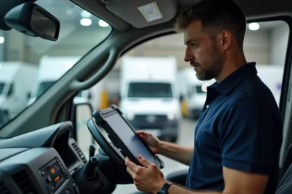 Responsable de flotte logistique devant un véhicule utilitaire avec terminal mobile monté sur support RAM Mount dans un dépôt d'entreprise