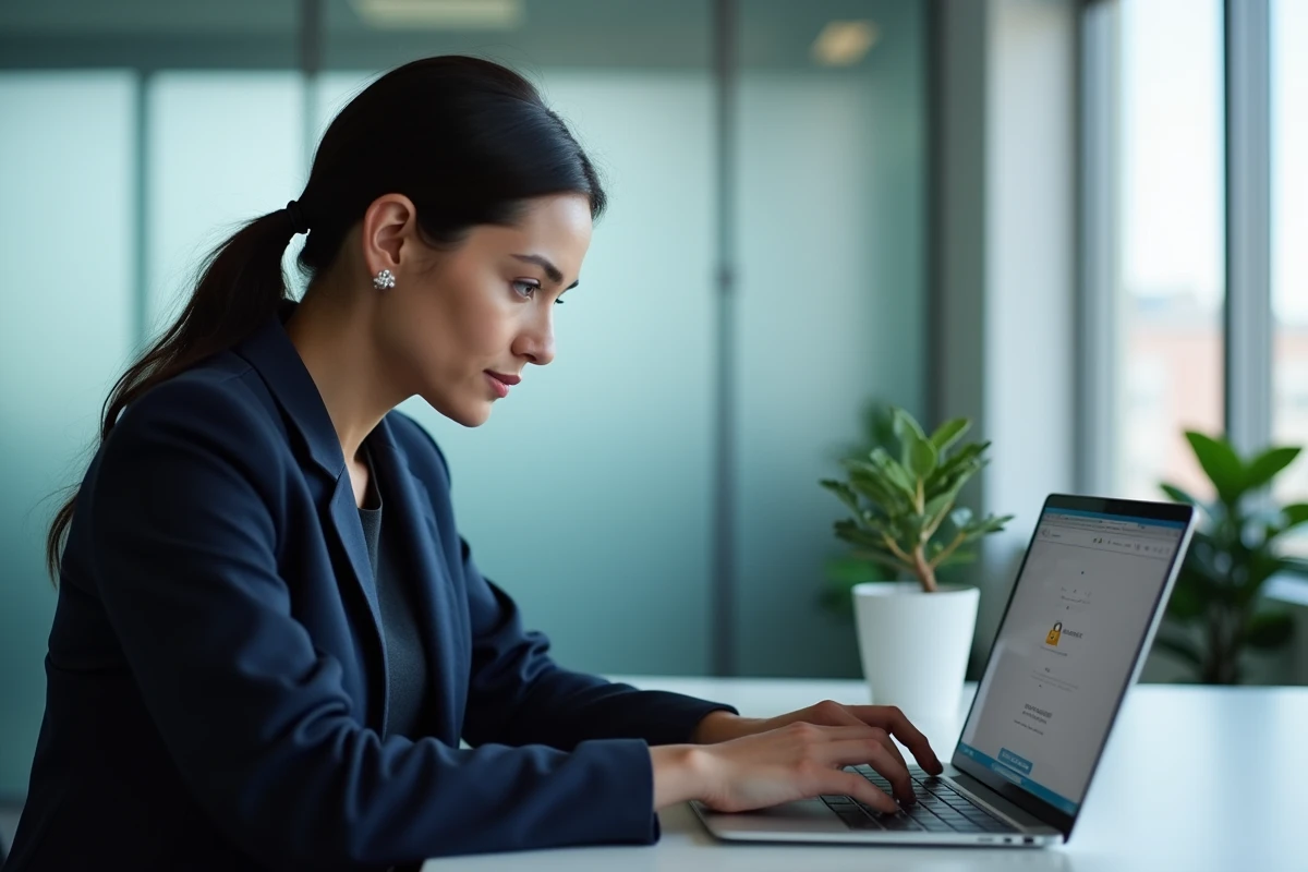 Femme en blazer marine consultant ses emails sécurisés sur un ordinateur portable dans un bureau moderne avec connexion TLS Gmail
