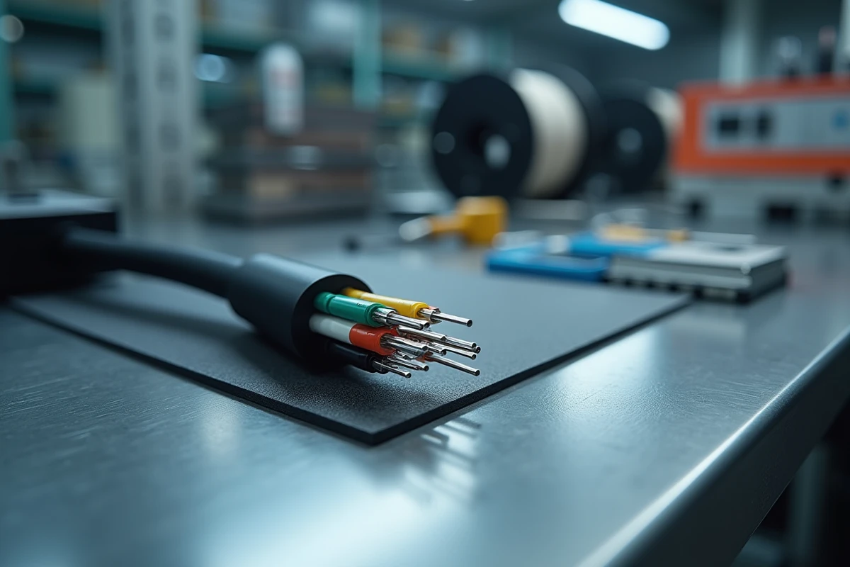 Gros plan d'une coupe transversale de câble fibre optique sur un plan de travail technique, révélant les couches internes et les fibres de verre