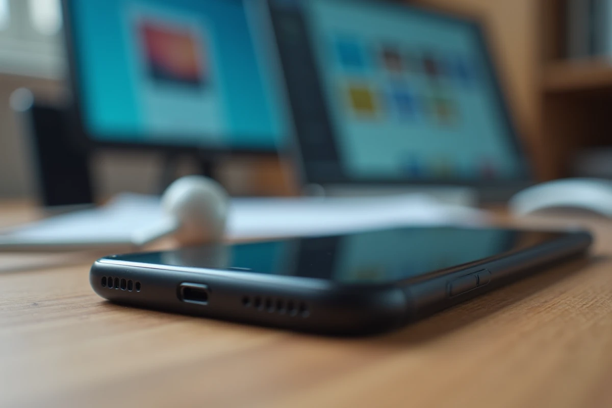 Gros plan sur le microphone d'un smartphone posé sur un bureau avec des publicités visibles en arrière-plan flou, symbolisant l'écoute des téléphones à des fins publicitaires