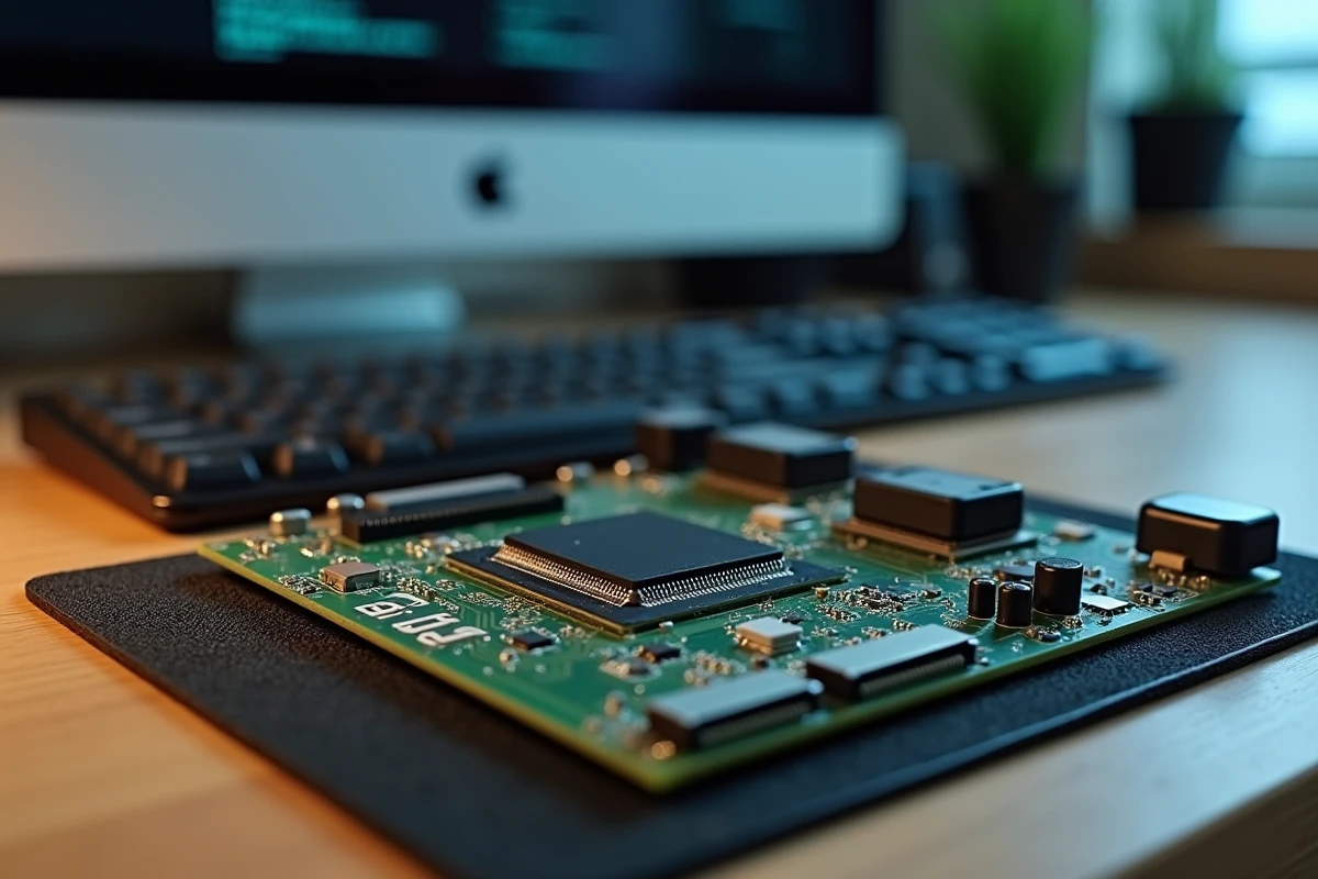 Gros plan d'une carte mère moderne avec puce BIOS UEFI sur un tapis antistatique dans un bureau à domicile