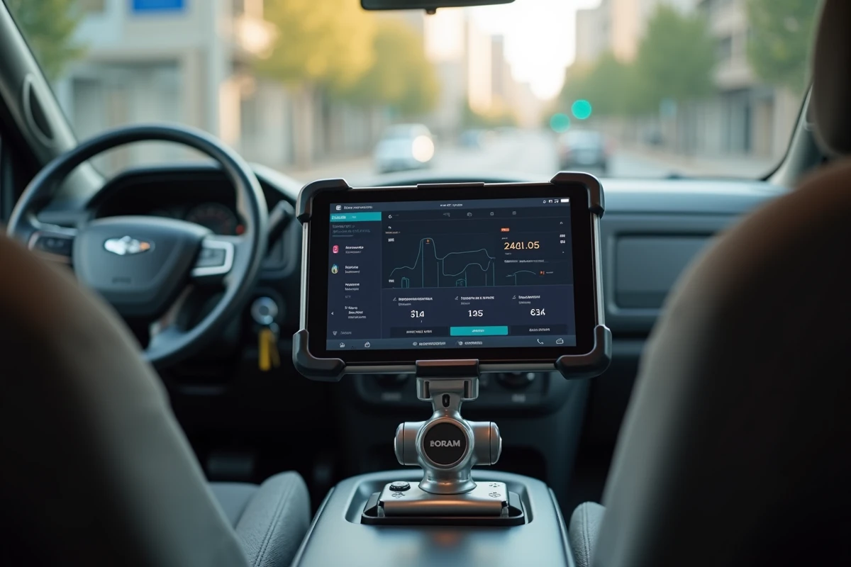 Gros plan sur un support RAM Mount installé dans un véhicule utilitaire professionnel avec tablette Android affichant une application de gestion de flotte
