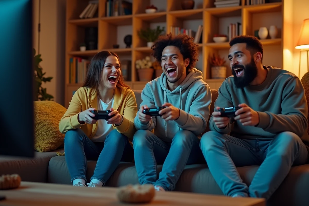 Groupe d'amis adultes jouant ensemble aux jeux vidéo sur canapé dans un salon convivial