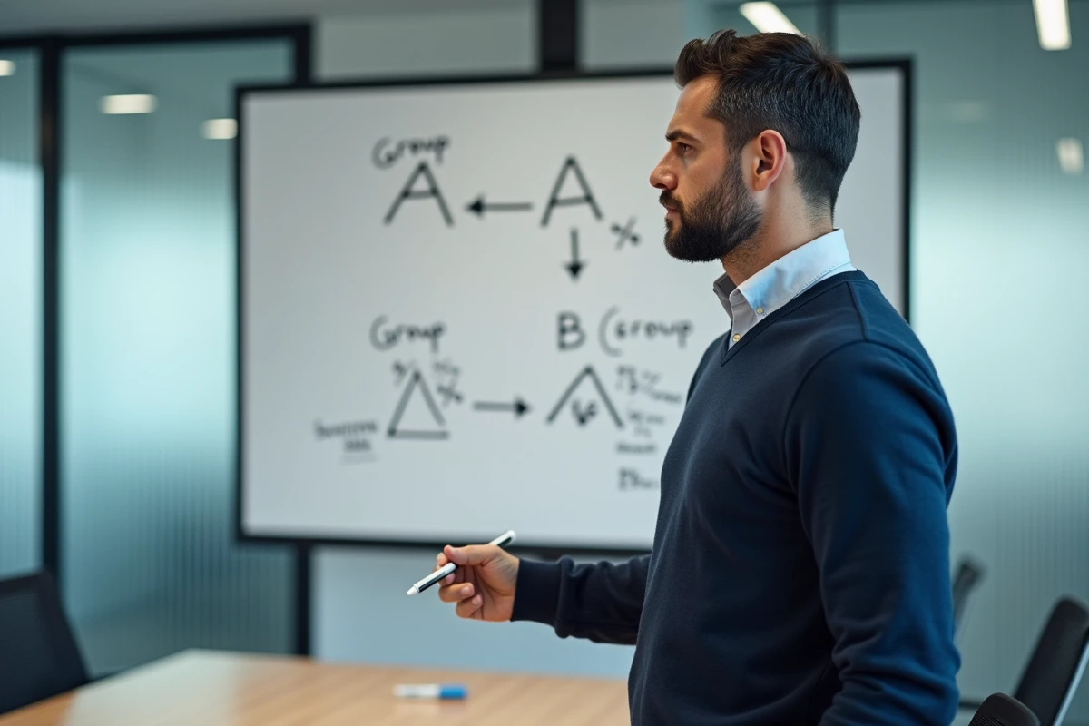 Homme expliquant le concept de groupe contrôle et groupe test sur un tableau blanc dans une salle de réunion