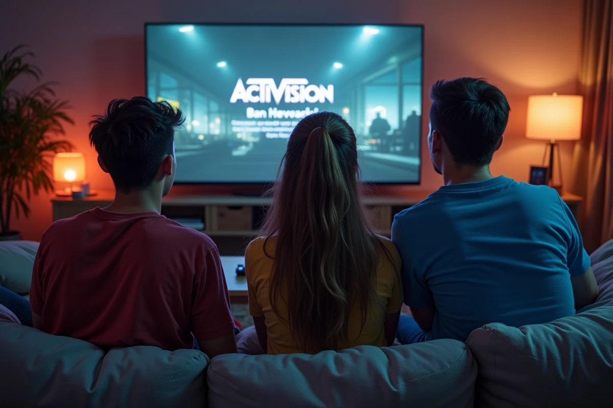 Groupe de joueurs découvrant un message de bannissement Activision sur leur télévision dans un salon moderne
