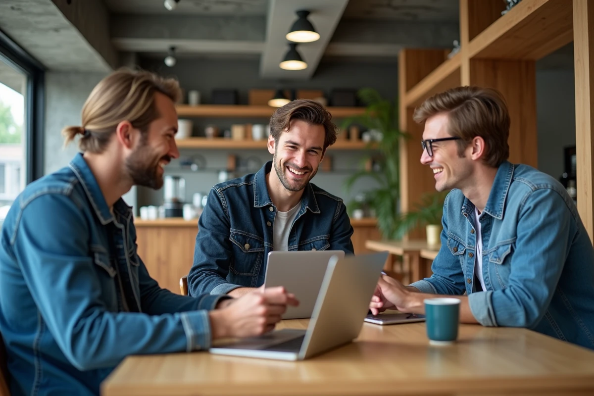 Groupe de jeunes professionnels partageant une connexion Wi-Fi sur plusieurs appareils dans un espace de coworking moderne
