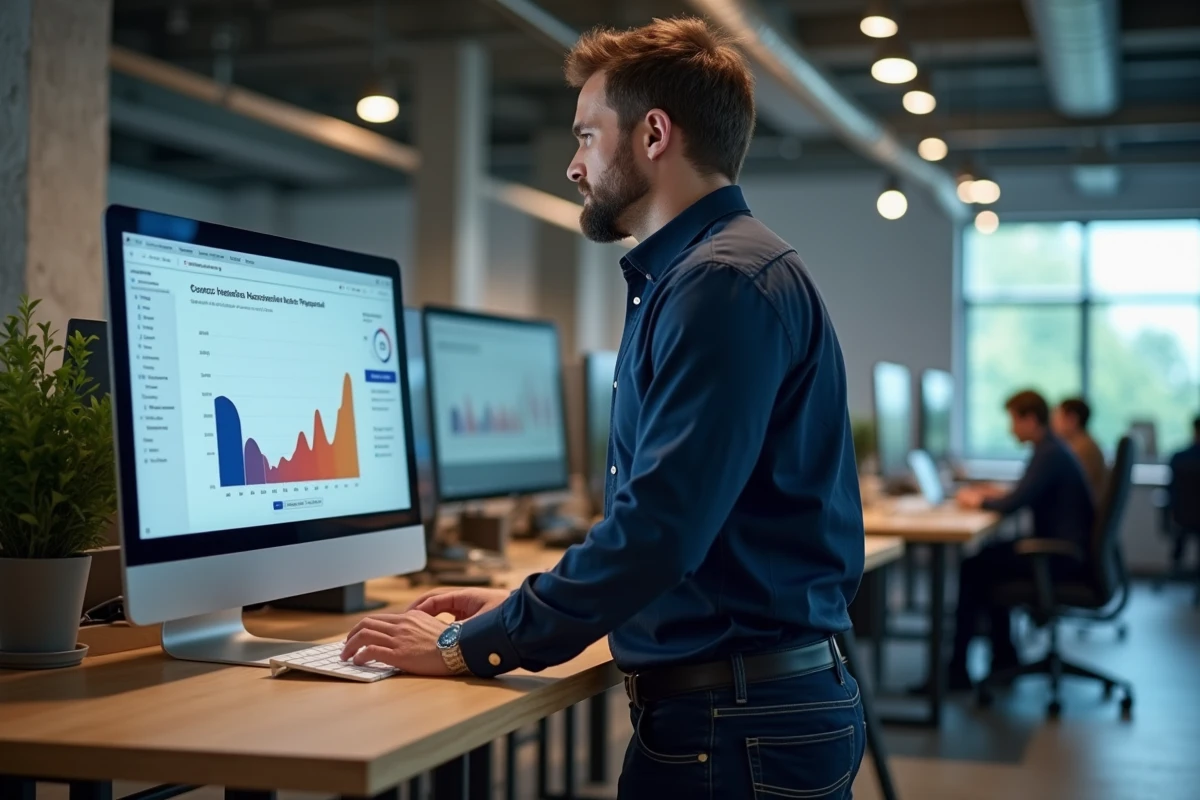 Homme consultant un comparatif d'hébergeurs web économiques dans un espace de coworking moderne