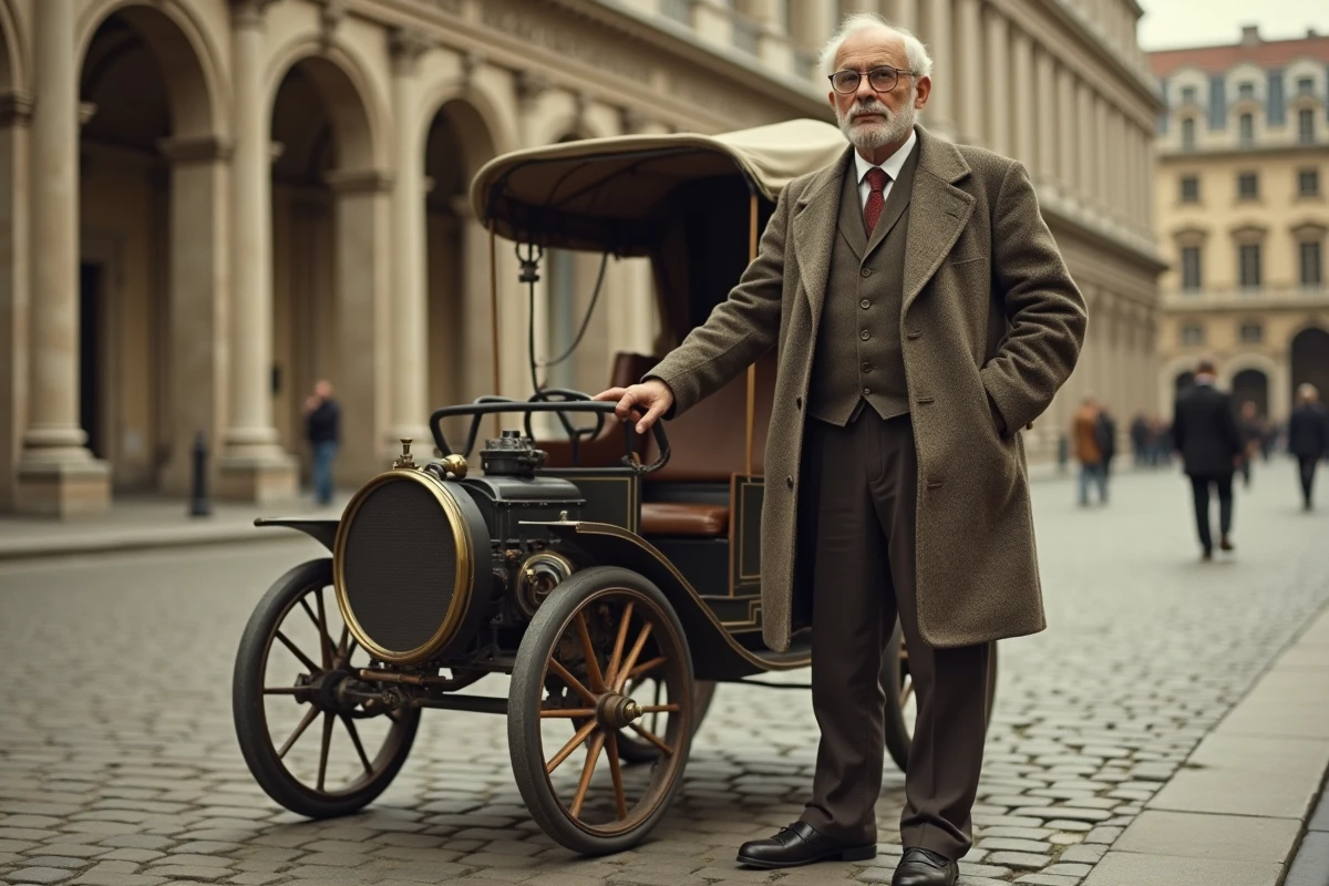 Inventeur européen du XXe siècle posant fièrement à côté d'un prototype historique de pousse-pousse motorisé sur une place pavée