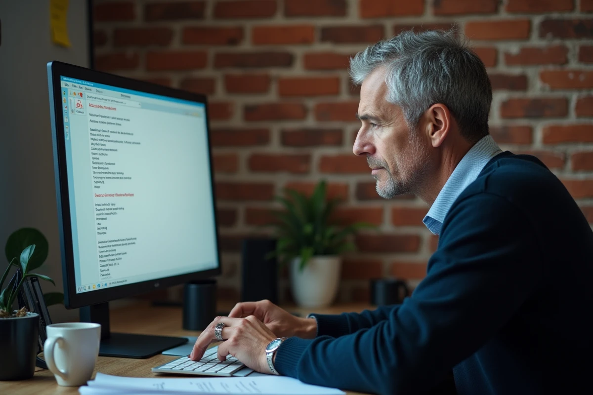Homme face à un avertissement de sécurité sur un fichier PDF ouvert sur son ordinateur de bureau à domicile