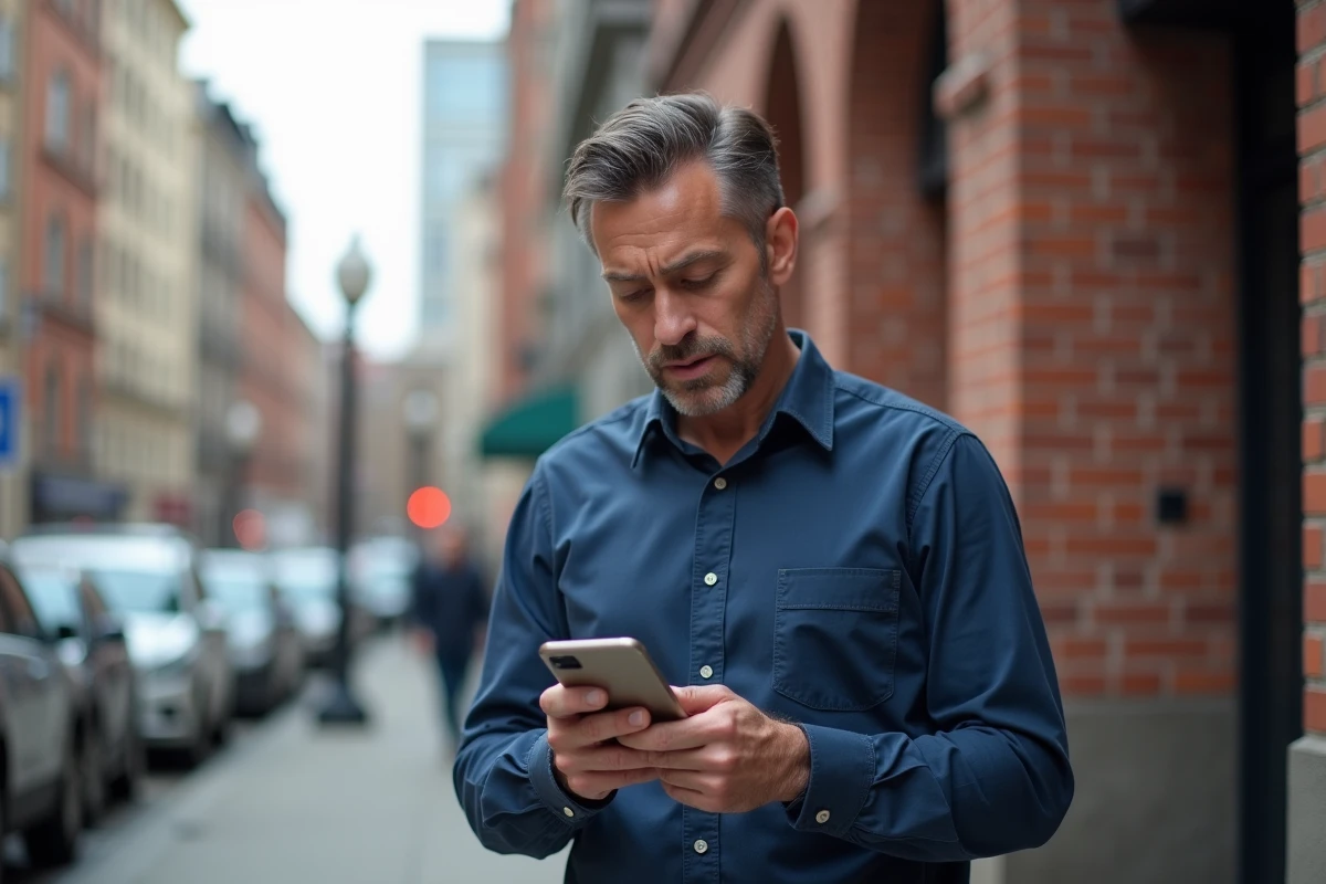Homme en ville hésitant à répondre à un appel inconnu sur son téléphone portable