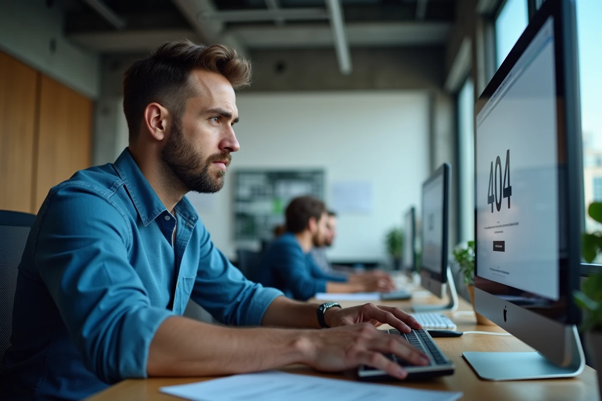 Homme en bureau ouvert consultant un message d'erreur 404 sur son ordinateur de travail