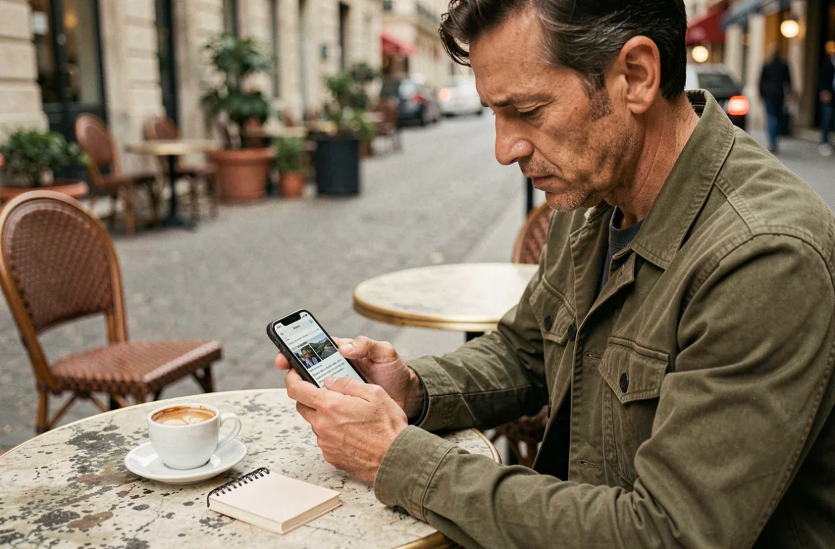 Homme en terrasse de café consultant son smartphone pour lire les dernières actualités sur la sortie de l'iPhone et les nouvelles dates prévues en 2026