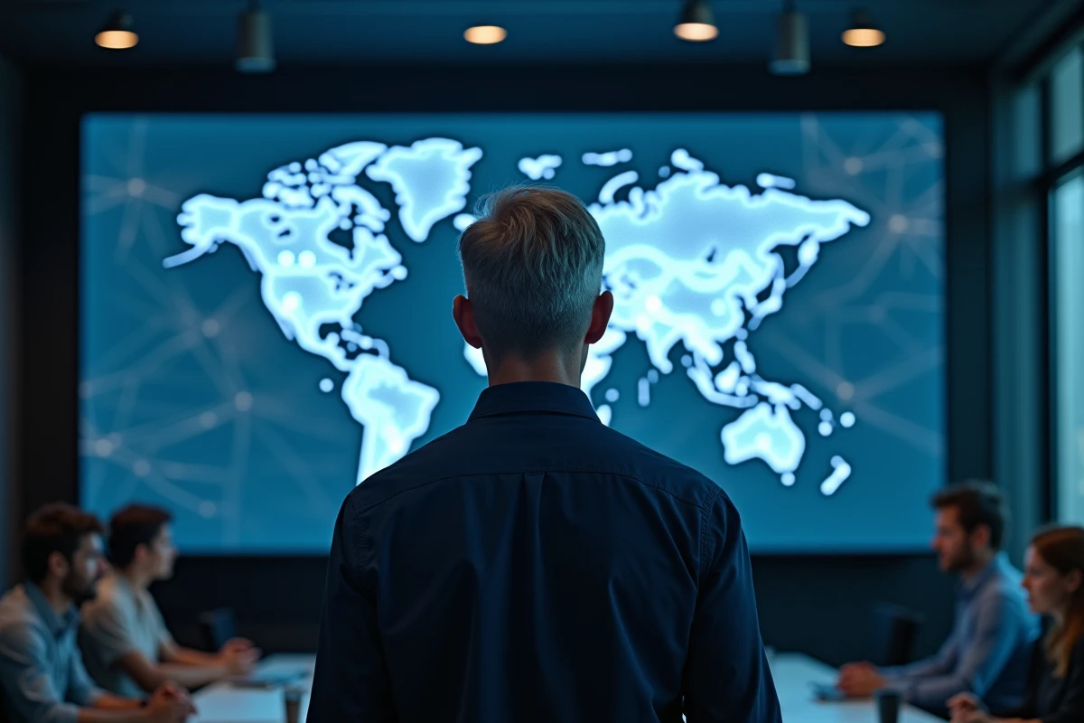 Homme debout devant une carte mondiale numérique représentant les connexions du web