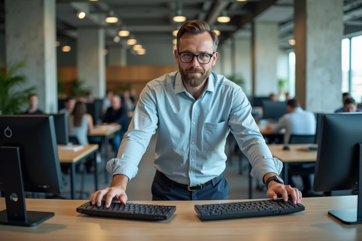 Homme comparant un clavier Dell et un clavier MacBook côte à côte dans un bureau professionnel