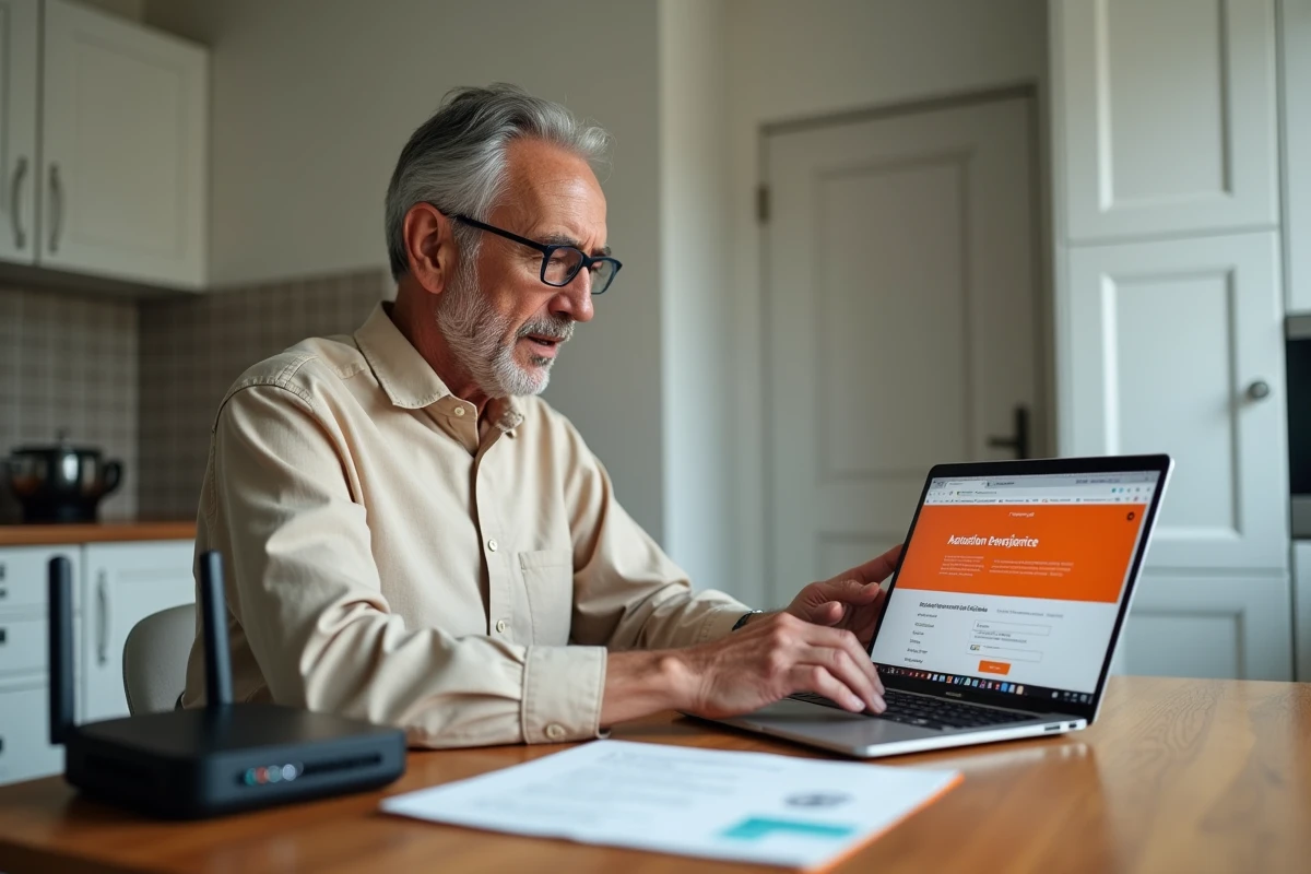 Homme consultant le site Orange.fr sur ordinateur pour dépanner le code erreur L11-06 de sa télévision