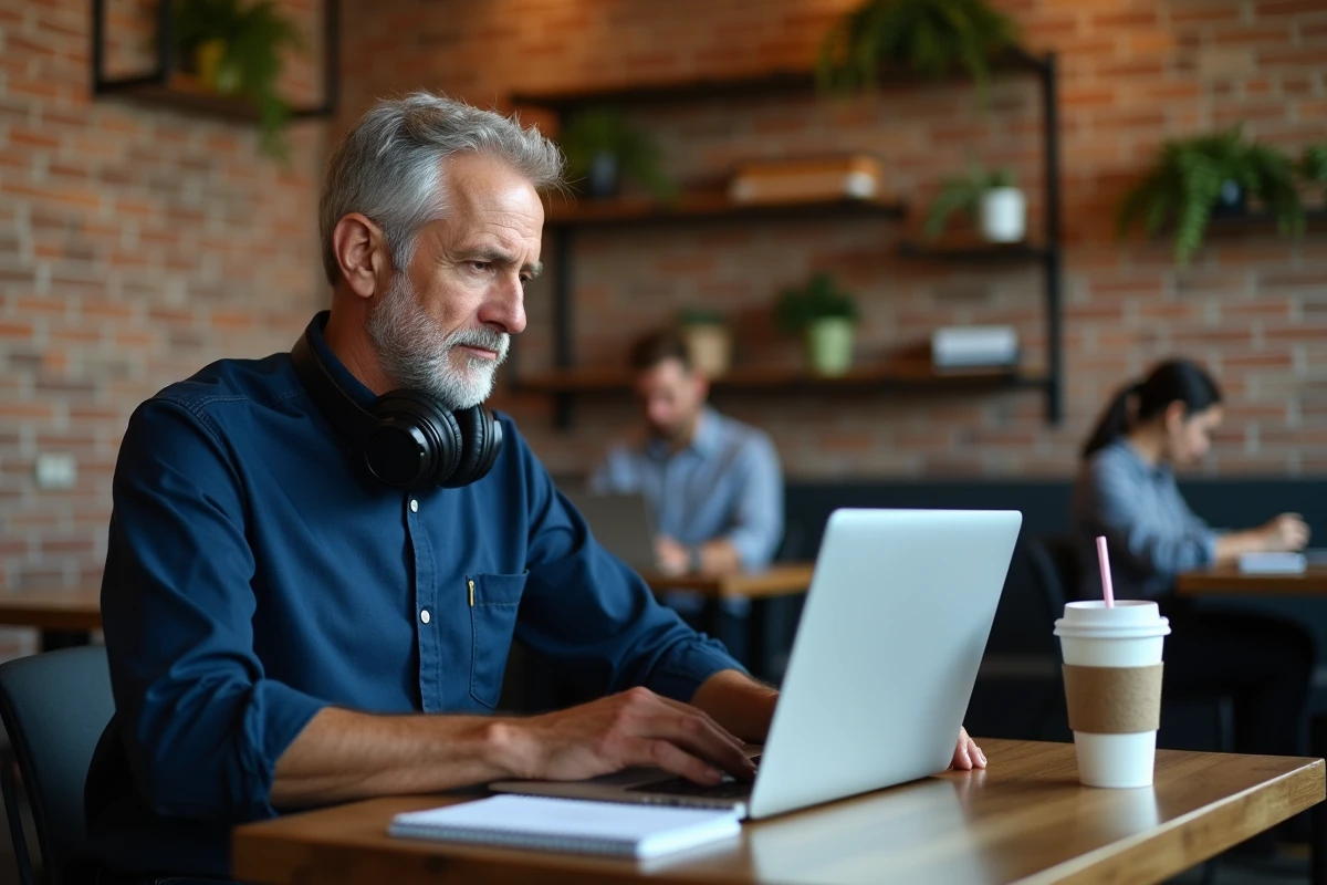 Homme travaillant seul sur son ordinateur portable dans un espace de coworking avec une ambiance urbaine