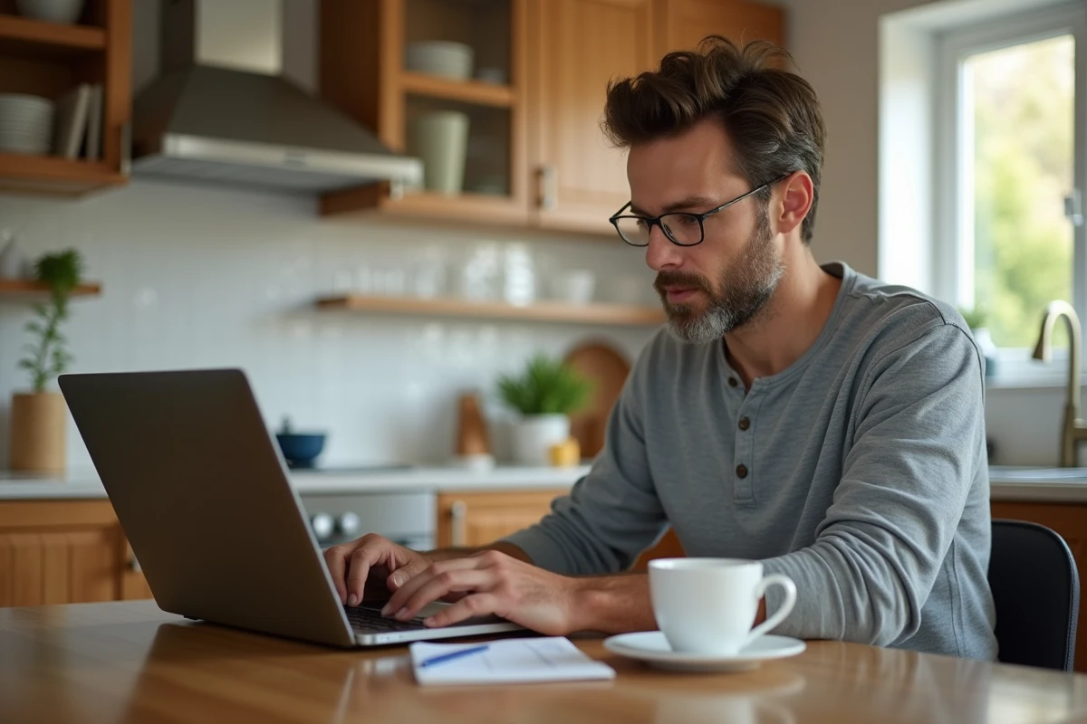 Homme en télétravail créant des publicités en ligne depuis son domicile avec un ordinateur portable
